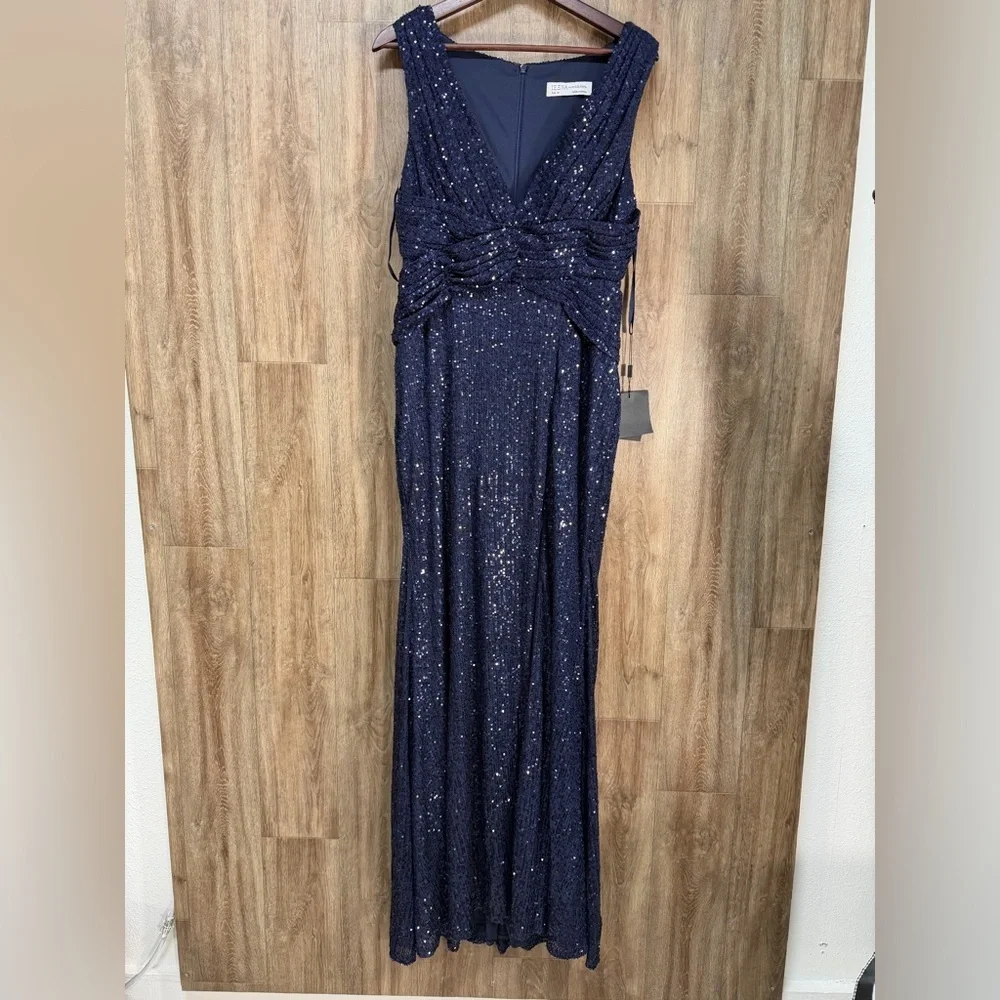 NEW Ieena by Mac Duggal V-Neck Sequin Gown in Navy - Picture 3 of 11